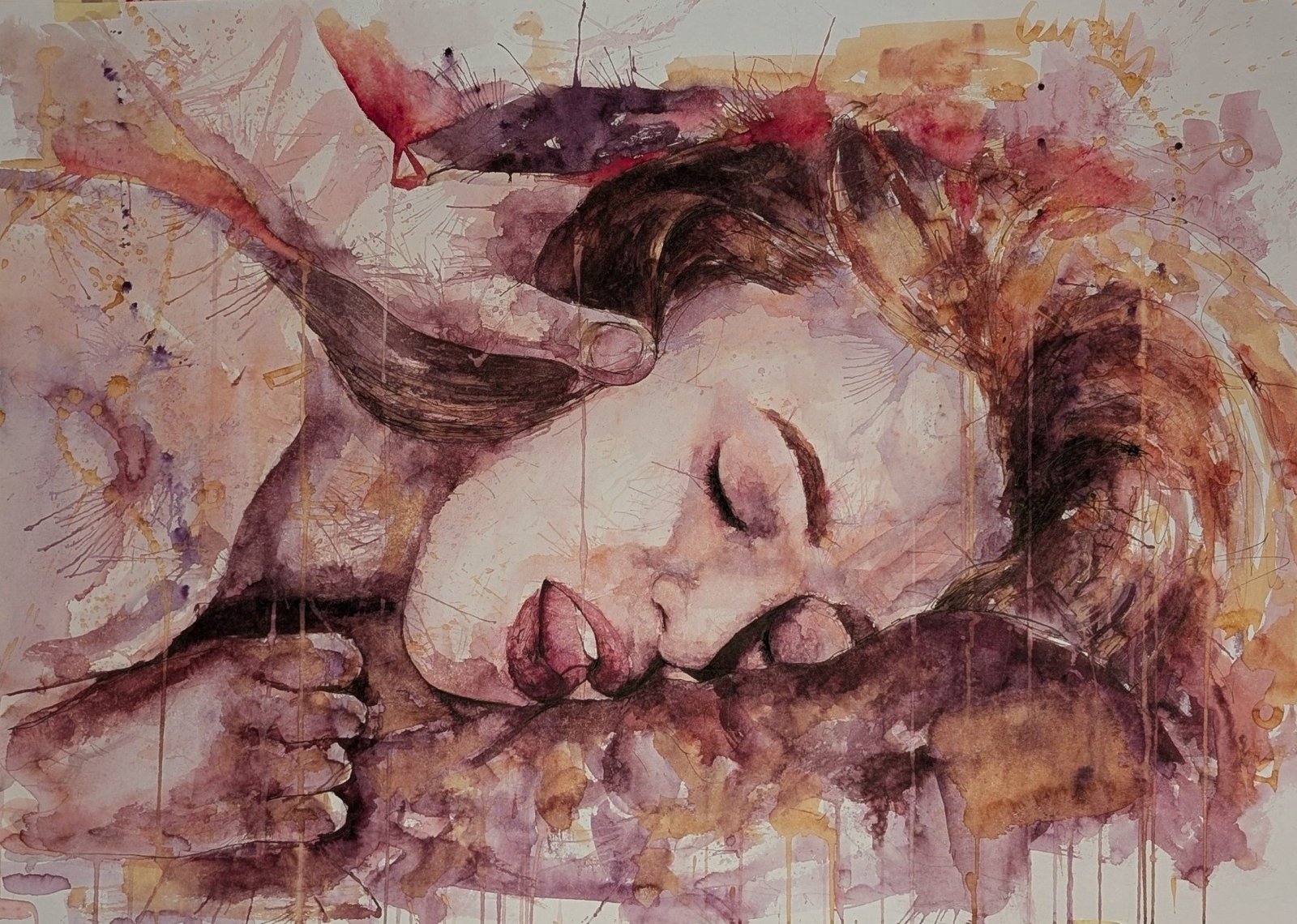 Curly 3hem watercolor and ink artwork